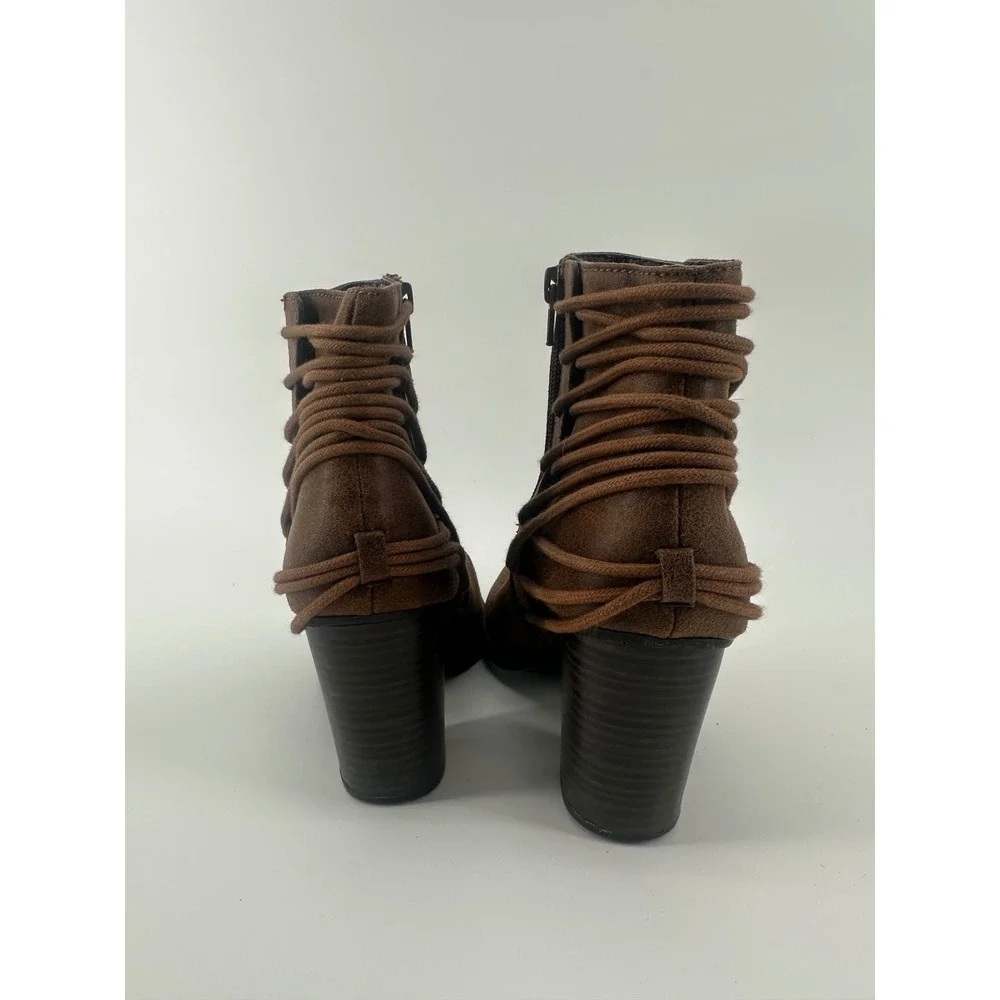 Candies Scoot Brown Faux Leather Wrap‎ Lace Up Ankle Boots Block Heel Size 9M